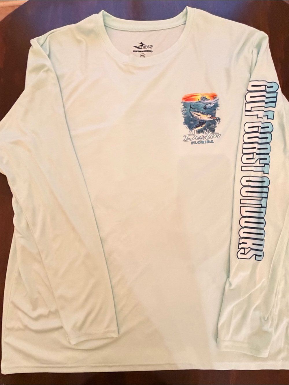Men’s Long-Sleeve Performance Coastal Tee - Pale Seafoam with Blue Sleeve Script